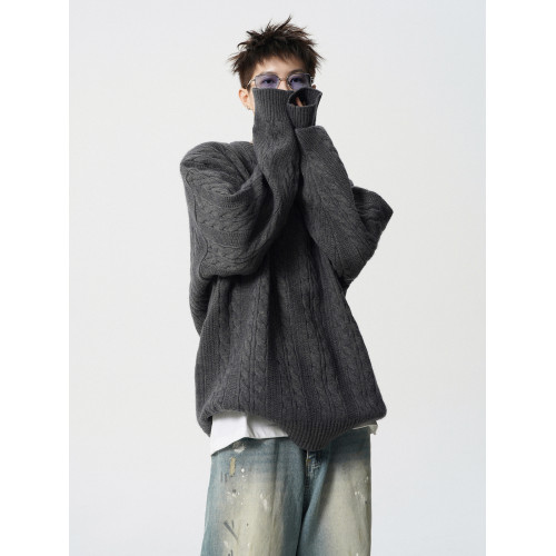 深灰色麻花毛衣男冬季潮牌oversize情侶針織衫美式高街慵懶風線衣 深灰色麻花毛衣男冬季潮牌oversize情侶針織衫美式高街慵懶風線衣