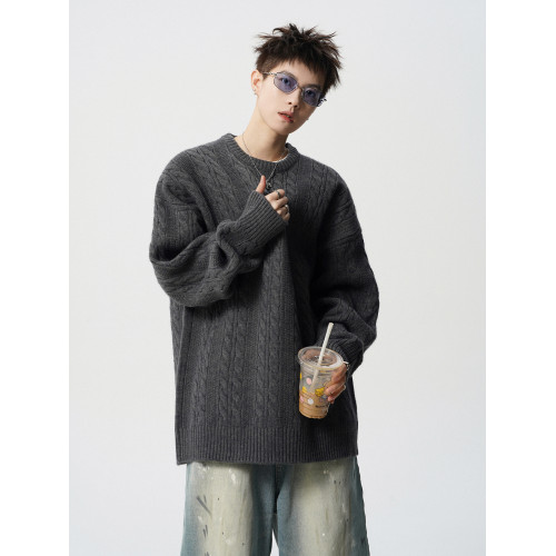 深灰色麻花毛衣男冬季潮牌oversize情侶針織衫美式高街慵懶風線衣 深灰色麻花毛衣男冬季潮牌oversize情侶針織衫美式高街慵懶風線衣