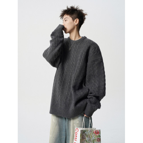深灰色麻花毛衣男冬季潮牌oversize情侶針織衫美式高街慵懶風線衣 深灰色麻花毛衣男冬季潮牌oversize情侶針織衫美式高街慵懶風線衣