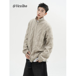 美式半高領毛衣男冬季重磅慵嬾風麻花針織衫潮牌高街情侶開衫外套