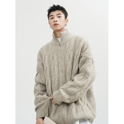 美式半高領毛衣男冬季重磅慵嬾風麻花針織衫潮牌高街情侶開衫外套