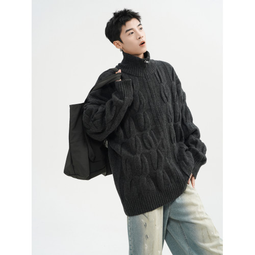 美式半高領毛衣男冬季重磅慵嬾風麻花針織衫潮牌高街情侶開衫外套