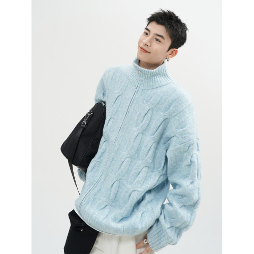 美式半高領毛衣男冬季重磅慵嬾風麻花針織衫潮牌高街情侶開衫外套