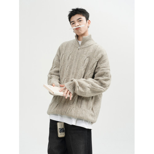 美式半高領毛衣男冬季重磅慵嬾風麻花針織衫潮牌高街情侶開衫外套