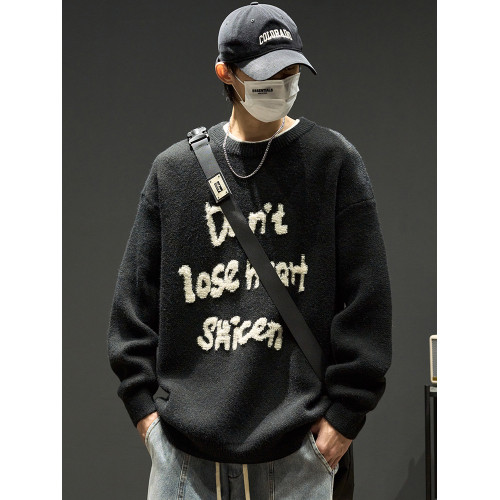 毛衣男秋冬美式嘻哈潮牌字母圓領毛線衣寬松慵懶風潮流百搭針織衫