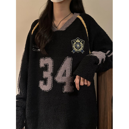 MASDYIREN 秋季美式復古寬鬆休閒學院風字母V領針織衫毛衣男女潮