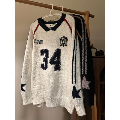 MASDYIREN 秋季美式復古寬鬆休閒學院風字母V領針織衫毛衣男女潮