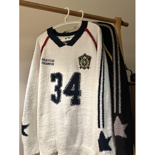 MASDYIREN 秋季美式復古寬鬆休閒學院風字母V領針織衫毛衣男女潮