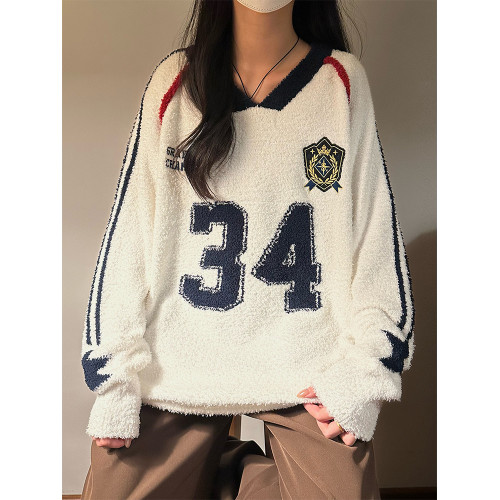 MASDYIREN 秋季美式復古寬鬆休閒學院風字母V領針織衫毛衣男女潮