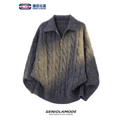 GENIOLAMODE日系麻花羊毛針織衫男女秋冬新款翻領半拉鍊寬松毛衣