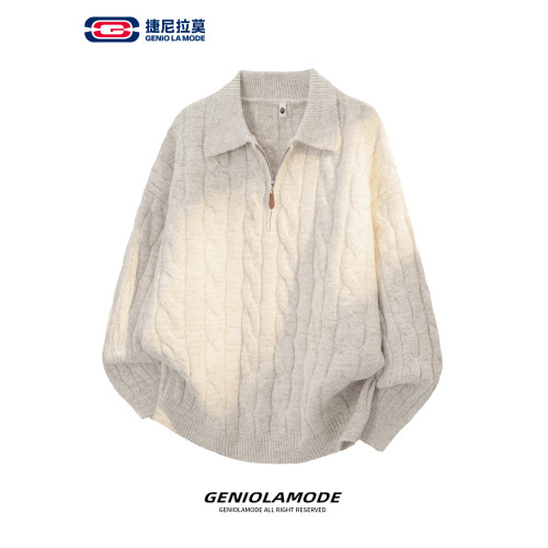 GENIOLAMODE日系麻花羊毛針織衫男女秋冬新款翻領半拉鍊寬松毛衣