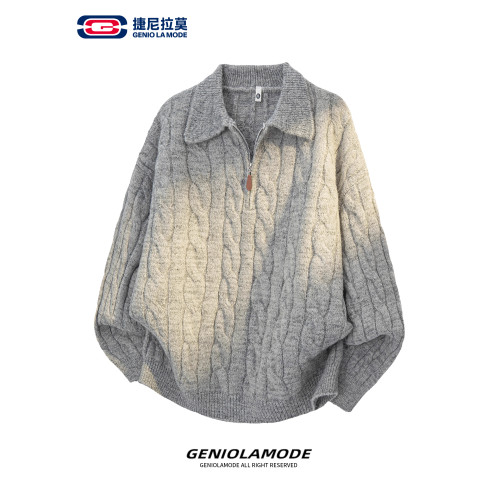 GENIOLAMODE日系麻花羊毛針織衫男女秋冬新款翻領半拉鍊寬松毛衣