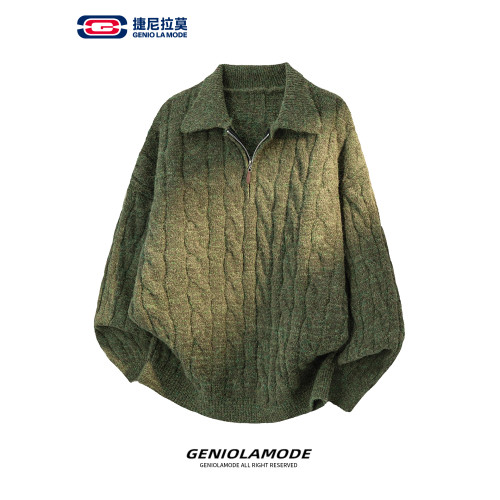 GENIOLAMODE日系麻花羊毛針織衫男女秋冬新款翻領半拉鍊寬松毛衣