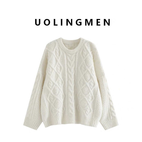 麻花毛衣女秋冬軟糯糯百搭嬭白色圓領寬鬆套頭慵嬾風外穿針織衫