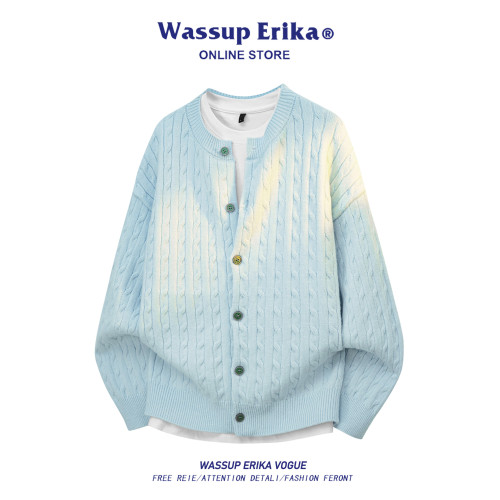 WASSUP ERIKA慵懶風藍色開衫毛衣男秋季情侶針織衫圓領毛線衣女潮 WASSUP ERIKA慵懶風藍色開衫毛衣男秋季情侶針織衫圓領毛線衣女潮