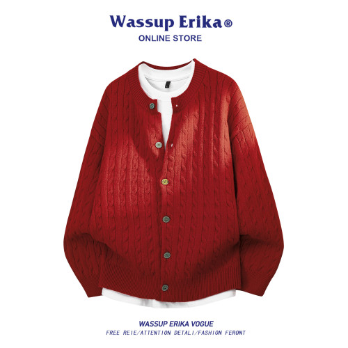 WASSUP ERIKA慵懶風藍色開衫毛衣男秋季情侶針織衫圓領毛線衣女潮 WASSUP ERIKA慵懶風藍色開衫毛衣男秋季情侶針織衫圓領毛線衣女潮