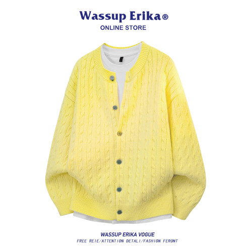 WASSUP ERIKA慵懶風藍色開衫毛衣男秋季情侶針織衫圓領毛線衣女潮 WASSUP ERIKA慵懶風藍色開衫毛衣男秋季情侶針織衫圓領毛線衣女潮