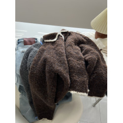 韓版復古鑲邊翻領開衫毛衣女寬松慵懶可愛減齡針織衫外套秋冬新款