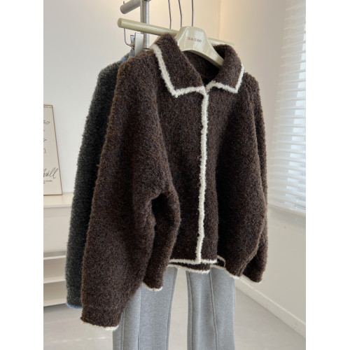 韓版復古鑲邊翻領開衫毛衣女寬松慵懶可愛減齡針織衫外套秋冬新款 韓版復古鑲邊翻領開衫毛衣女寬松慵懶可愛減齡針織衫外套秋冬新款