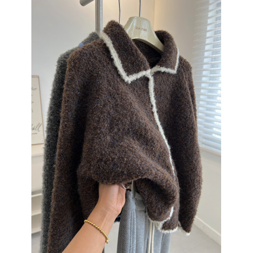 韓版復古鑲邊翻領開衫毛衣女寬松慵懶可愛減齡針織衫外套秋冬新款 韓版復古鑲邊翻領開衫毛衣女寬松慵懶可愛減齡針織衫外套秋冬新款