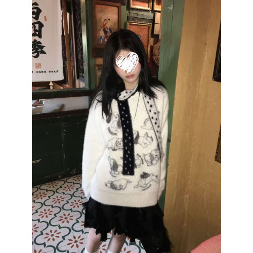 白色仿水貂趣味小狗馬海毛軟糯毛衣女秋冬慵懶風高級奶fufu帶圍脖 白色仿水貂趣味小狗馬海毛軟糯毛衣女秋冬慵懶風高級奶fufu帶圍脖