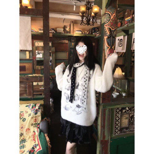 白色仿水貂趣味小狗馬海毛軟糯毛衣女秋冬慵懶風高級奶fufu帶圍脖 白色仿水貂趣味小狗馬海毛軟糯毛衣女秋冬慵懶風高級奶fufu帶圍脖