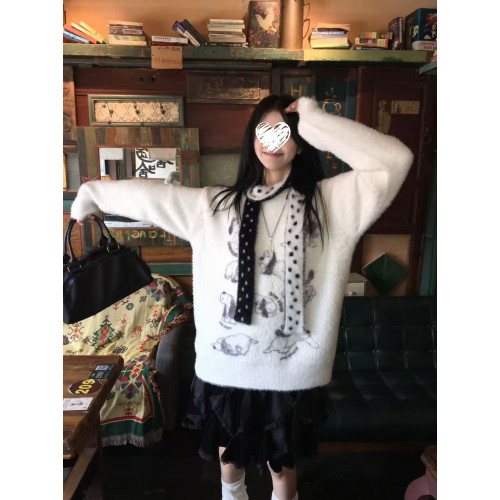 白色仿水貂趣味小狗馬海毛軟糯毛衣女秋冬慵懶風高級奶fufu帶圍脖 白色仿水貂趣味小狗馬海毛軟糯毛衣女秋冬慵懶風高級奶fufu帶圍脖