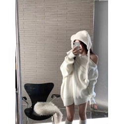 純欲風甜美設計感拉鍊露肩鏈條胸針中長款毛衣女秋冬慵懶針織上衣