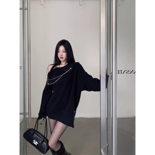 純欲風甜美設計感拉鍊露肩鏈條胸針中長款毛衣女秋冬慵懶針織上衣 純欲風甜美設計感拉鍊露肩鏈條胸針中長款毛衣女秋冬慵懶針織上衣