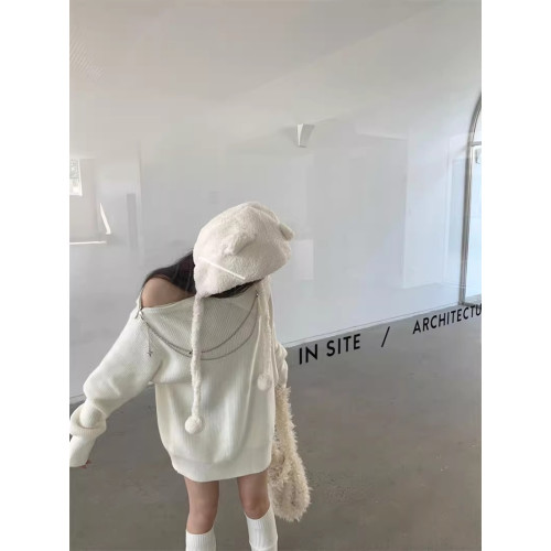 純欲風甜美設計感拉鍊露肩鏈條胸針中長款毛衣女秋冬慵懶針織上衣 純欲風甜美設計感拉鍊露肩鏈條胸針中長款毛衣女秋冬慵懶針織上衣