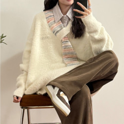 UATONLINE2025秋冬日系休閒圍脖拼接設計感針織衫V領毛衣上衣女潮