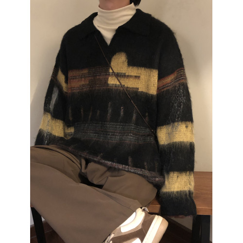 NAGAWL冬季美式復古慵懶風破洞設計感條紋針織衫polo領休閒毛衣男 NAGAWL冬季美式復古慵懶風破洞設計感條紋針織衫polo領休閒毛衣男