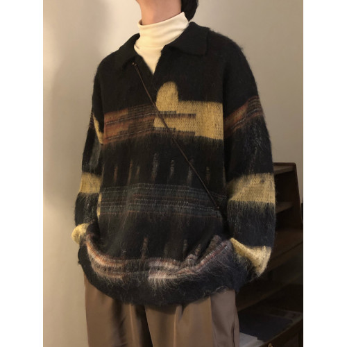 NAGAWL冬季美式復古慵懶風破洞設計感條紋針織衫polo領休閒毛衣男 NAGAWL冬季美式復古慵懶風破洞設計感條紋針織衫polo領休閒毛衣男