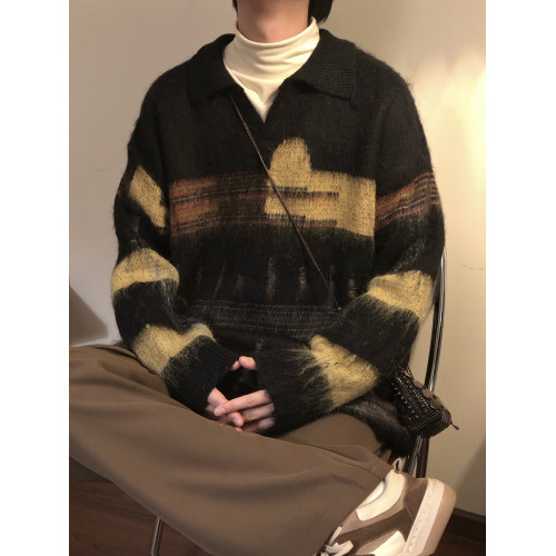 NAGAWL冬季美式復古慵懶風破洞設計感條紋針織衫polo領休閒毛衣男 NAGAWL冬季美式復古慵懶風破洞設計感條紋針織衫polo領休閒毛衣男