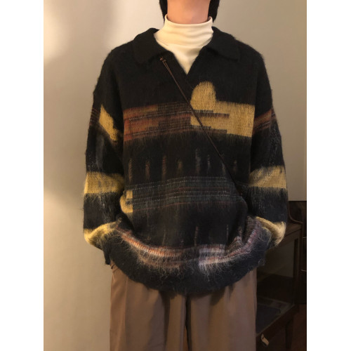 NAGAWL冬季美式復古慵懶風破洞設計感條紋針織衫polo領休閒毛衣男 NAGAWL冬季美式復古慵懶風破洞設計感條紋針織衫polo領休閒毛衣男