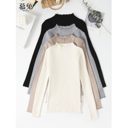 慕兔半高領內搭針織打底衫女2025秋季新款洋氣木耳邊修身長袖上衣