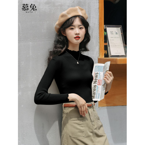 慕兔半高領內搭針織打底衫女2025秋季新款洋氣木耳邊修身長袖上衣 慕兔半高領內搭針織打底衫女2025秋季新款洋氣木耳邊修身長袖上衣