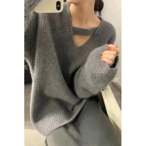 灰色v領鏤空套頭針織毛衣女秋冬冬季加厚設計感小衆高級感慵懶風 灰色v領鏤空套頭針織毛衣女秋冬冬季加厚設計感小衆高級感慵懶風