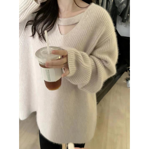 灰色v領鏤空套頭針織毛衣女秋冬冬季加厚設計感小衆高級感慵懶風 灰色v領鏤空套頭針織毛衣女秋冬冬季加厚設計感小衆高級感慵懶風