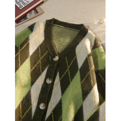 日系復古菱格V領開衫毛衣男秋冬季寬鬆加厚針織衫休閒慵嬾風外套