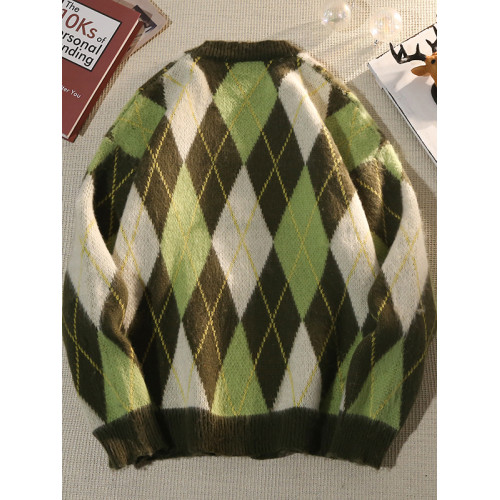 日系復古菱格V領開衫毛衣男秋冬季寬鬆加厚針織衫休閒慵嬾風外套