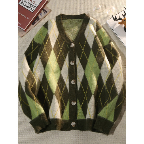 日系復古菱格V領開衫毛衣男秋冬季寬鬆加厚針織衫休閒慵嬾風外套