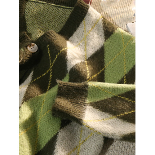 日系復古菱格V領開衫毛衣男秋冬季寬鬆加厚針織衫休閒慵嬾風外套