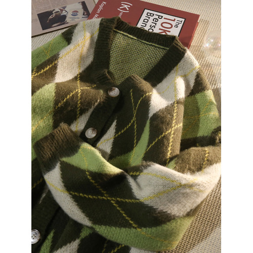 日系復古菱格V領開衫毛衣男秋冬季寬鬆加厚針織衫休閒慵嬾風外套