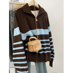 條紋半拉鍊翻領套頭毛衣外套女秋冬2025新款慵懶風外穿羊毛針織衫