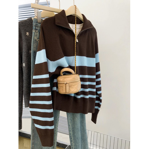 條紋半拉鍊翻領套頭毛衣外套女秋冬2025新款慵懶風外穿羊毛針織衫 條紋半拉鍊翻領套頭毛衣外套女秋冬2025新款慵懶風外穿羊毛針織衫