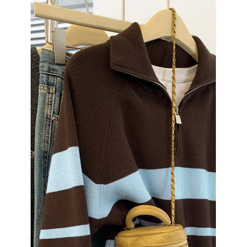 條紋半拉鍊翻領套頭毛衣外套女秋冬2025新款慵懶風外穿羊毛針織衫 條紋半拉鍊翻領套頭毛衣外套女秋冬2025新款慵懶風外穿羊毛針織衫