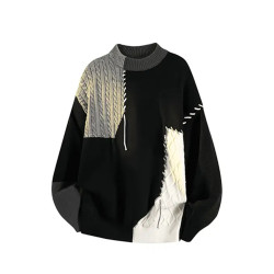 美式慵嬾高級感毛衣男秋冬加厚內搭可外穿撞色拼接圓領針織打底衫