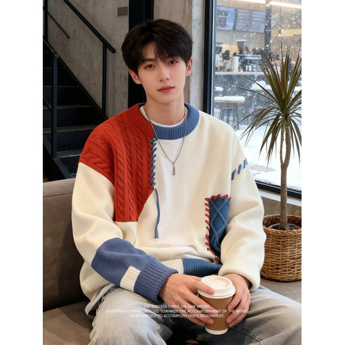 美式慵嬾高級感毛衣男秋冬加厚內搭可外穿撞色拼接圓領針織打底衫