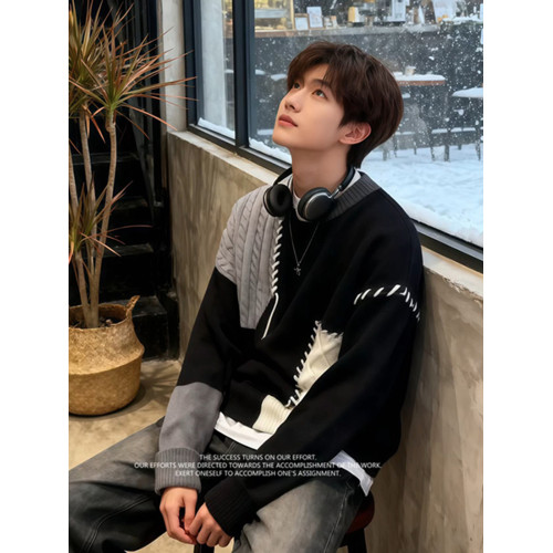 美式慵嬾高級感毛衣男秋冬加厚內搭可外穿撞色拼接圓領針織打底衫